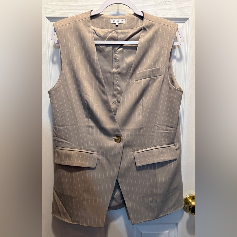 Crescent Beige Pinstripe Single-Button Vest